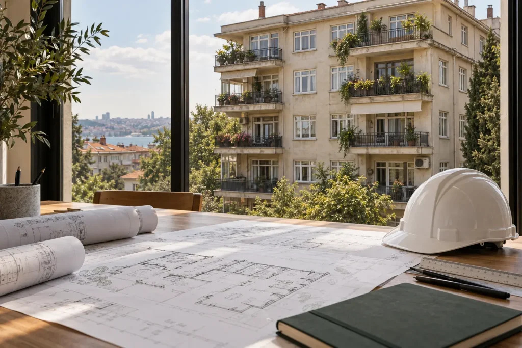 Eski binalarda yenileme planlaması için mimari çizimler ve apartman görünümü
